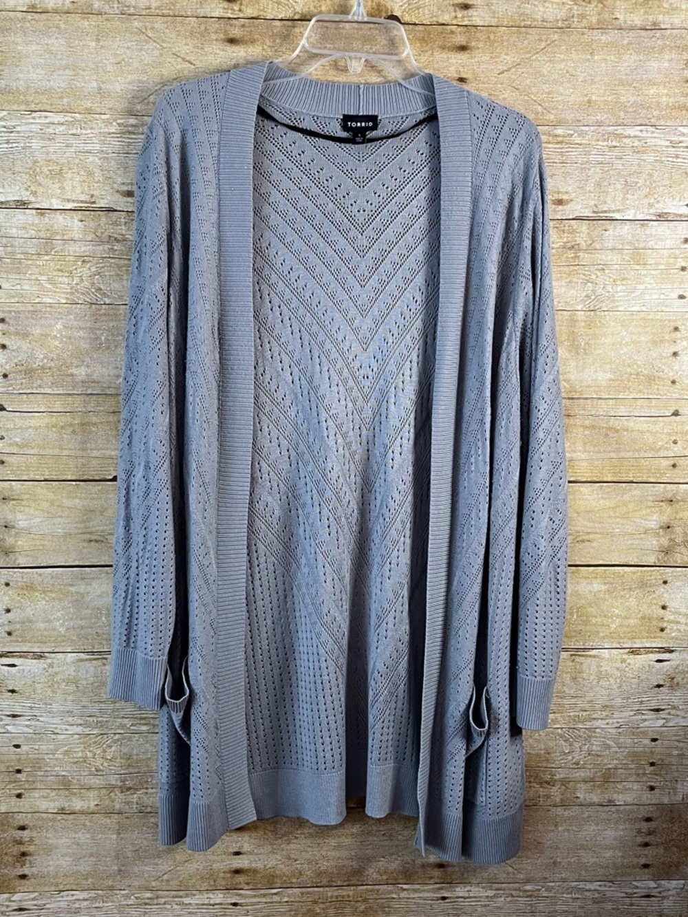 Torrid Light Gray Open-Front Pointelle Cardigan Eyelet Detail EUC Size 1X